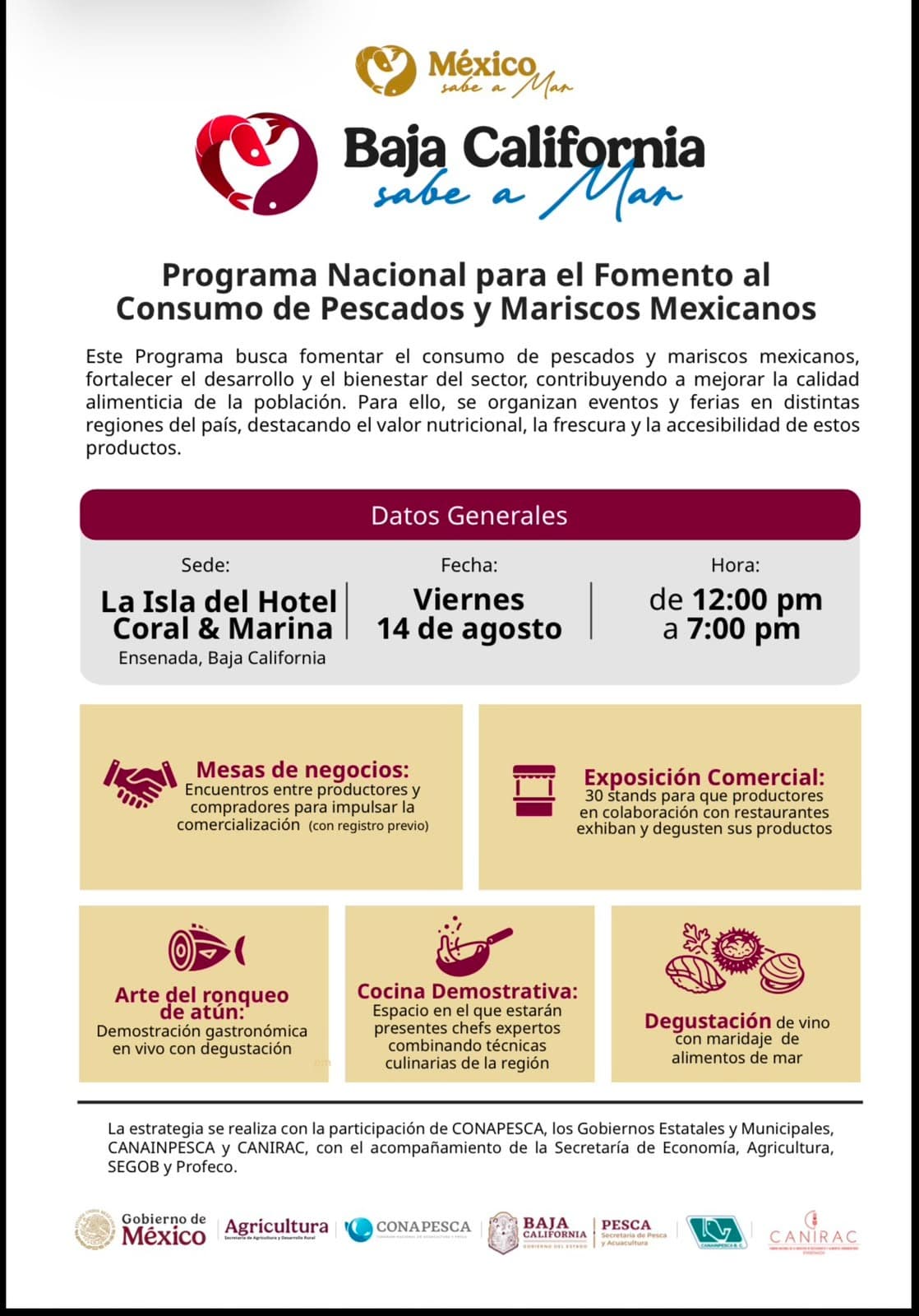 Flyer del evento Baja California Sabe a Mar 2026 — Programa Nacional para el Fomento al Consumo de Pescados y Mariscos Mexicanos, con datos generales del evento y actividades.