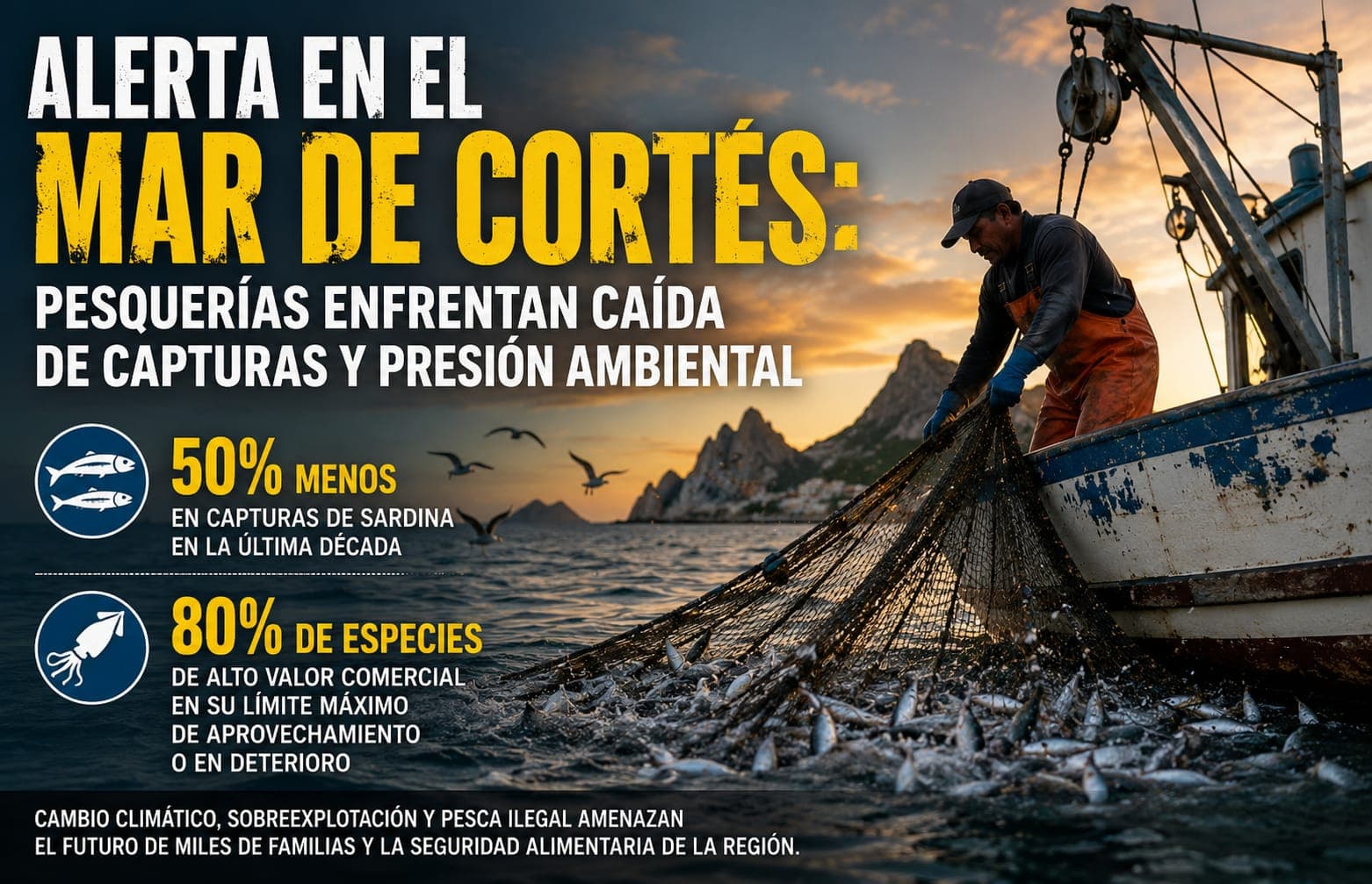 Pescador ribereño en un panga al atardecer izando una red llena de sardinas frente a las costas del Golfo de California, con el título del reportaje sobre la imagen.