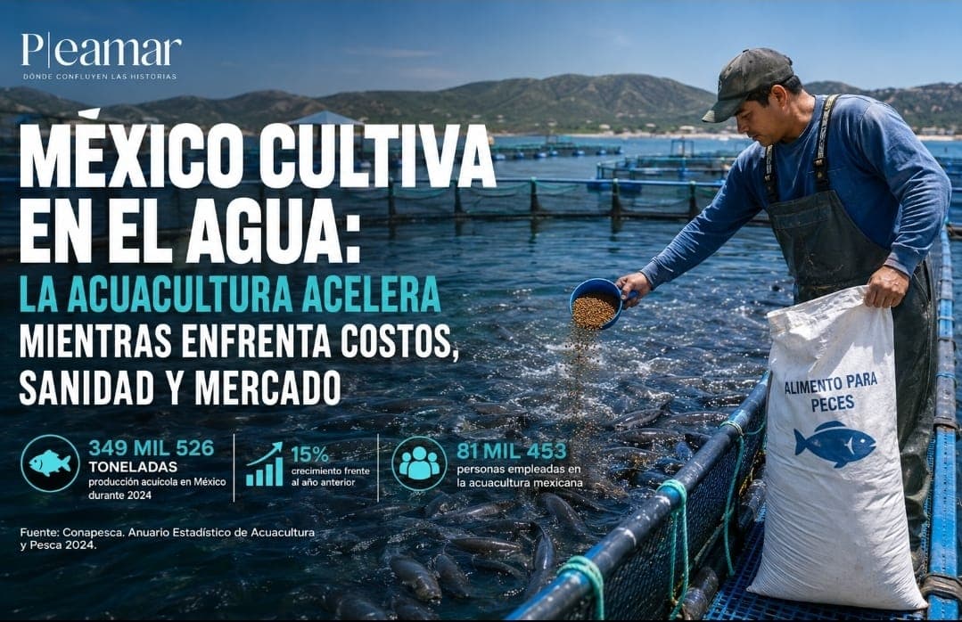 Portada del reportaje sobre acuacultura mexicana — un trabajador alimenta peces en jaulas flotantes, con datos de producción 2024 sobre la imagen.